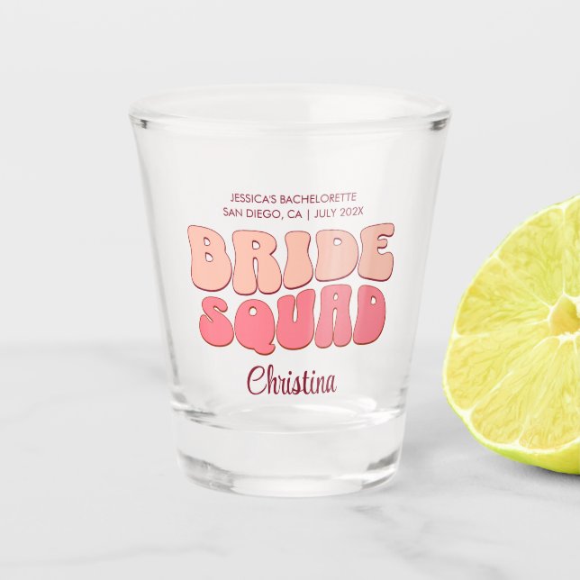 Pink Bachelorette Party Bride Squad Bridesmaid Shot Glass (Front)