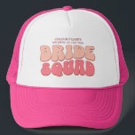 Pink Bachelorette Party Bride Squad Bridesmaid Trucker Hat<br><div class="desc">Make a splash at your upcoming bachelorette party with this stunning retro bachelorette party personalised merchandise. Whether you're celebrating a bach trip, a girls' vacation, or a best friends' holiday, this custom groovy bachelorette party merchandise is the perfect addition to your unforgettable getaway. Add a personal touch to your bachelorette...</div>