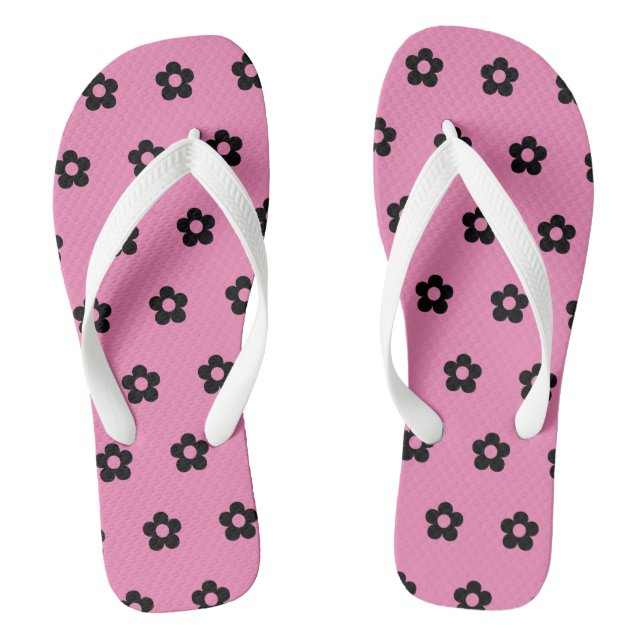 Pink Background Black Colour Flowers Printed-Sanda Thongs (Footbed)