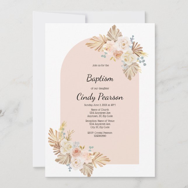 Pink background, boho baptism invitation for girl (Front)
