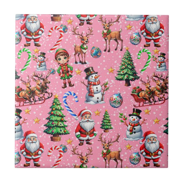 Pink Background Christmas Decorative Pattern Ceramic Tile (Front)