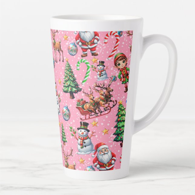 Pink Background Christmas Decorative Pattern Latte Mug (Right)