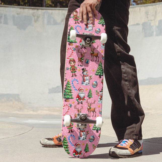 Pink Background Christmas Decorative Pattern Skateboard (Creator Uploaded)