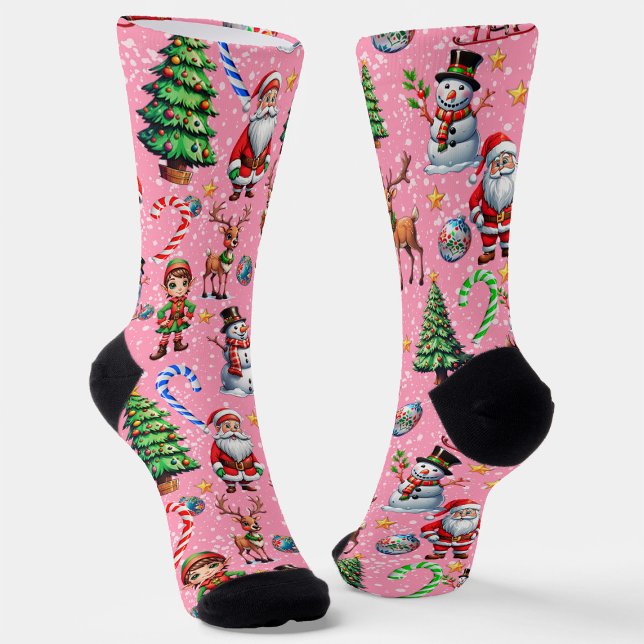 Pink Background Christmas Decorative Pattern Socks (Creator Uploaded)