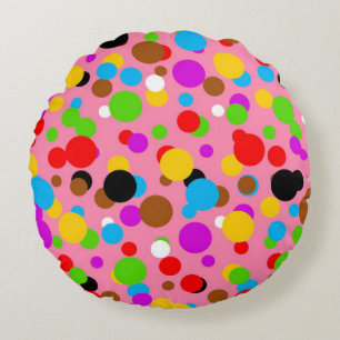 Pink Background Colourful Polka Dots Round Cushion