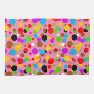 Pink Background Colourful Polka Dots Tea Towel