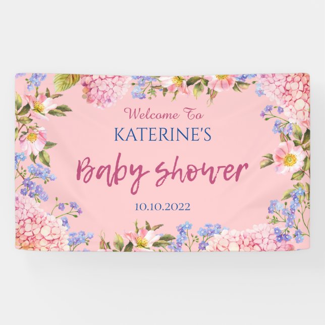 Pink Background Floral Border Welcome Baby Shower Banner (Horizontal)