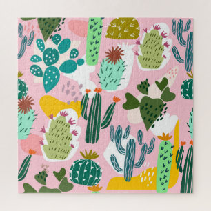 Pink background, hand-drawn cactus pattern. jigsaw puzzle