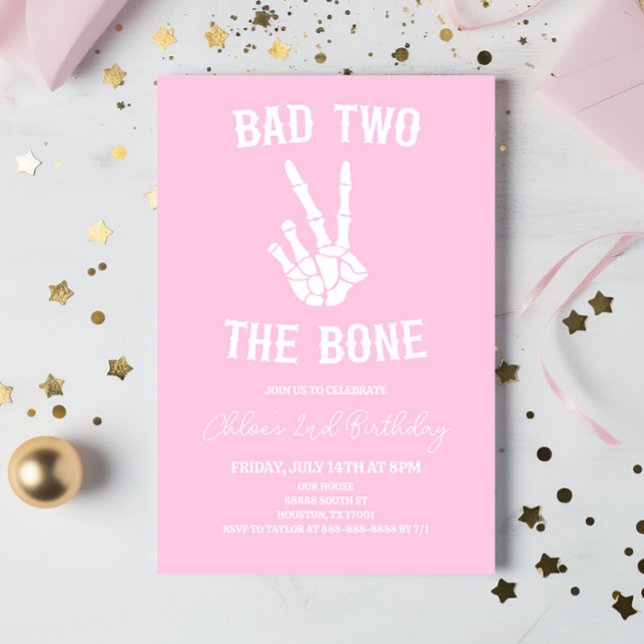 Pink Bad Two The Bone Skeleton 2nd Birthday Party Invitation (Creator Uploaded)