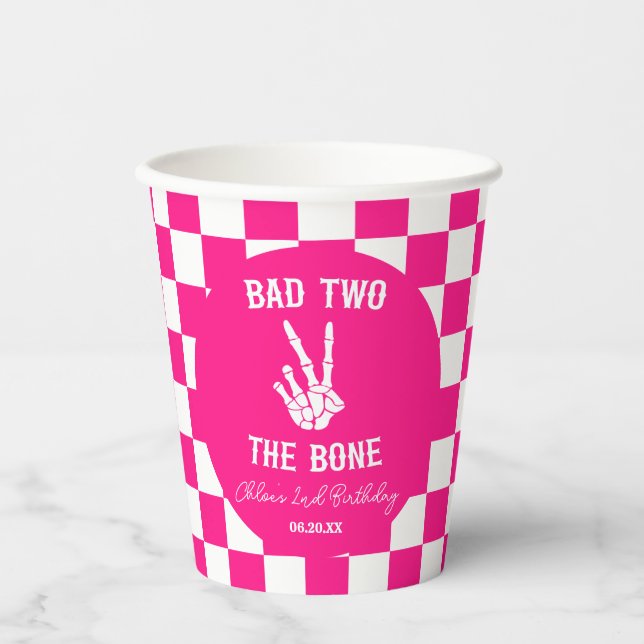 Pink Bad Two The Bone Skeleton 2nd Birthday Party Paper Cups (Front)