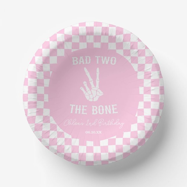 Pink Bad Two The Bone Skeleton 2nd Birthday Party Paper Plate (Front)