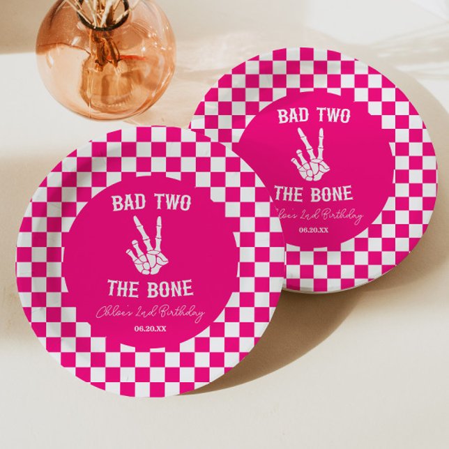 Pink Bad Two The Bone Skeleton 2nd Birthday Party Paper Plate (Creator Uploaded)