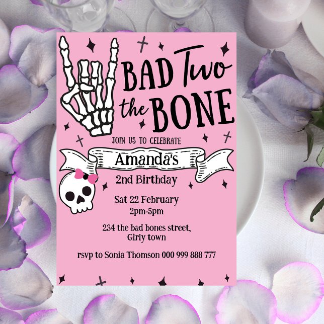 Pink Bad Two The Bones 2nd Birthday Invitation (Pink Bad Two The Bones 2nd Birthday Invitation)