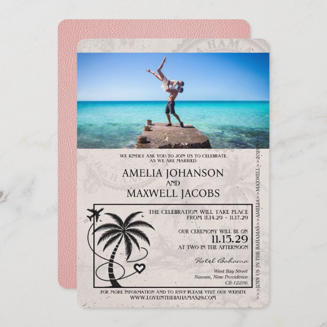 Pink Bahamas Passport Wedding Invitation (Front/Back)