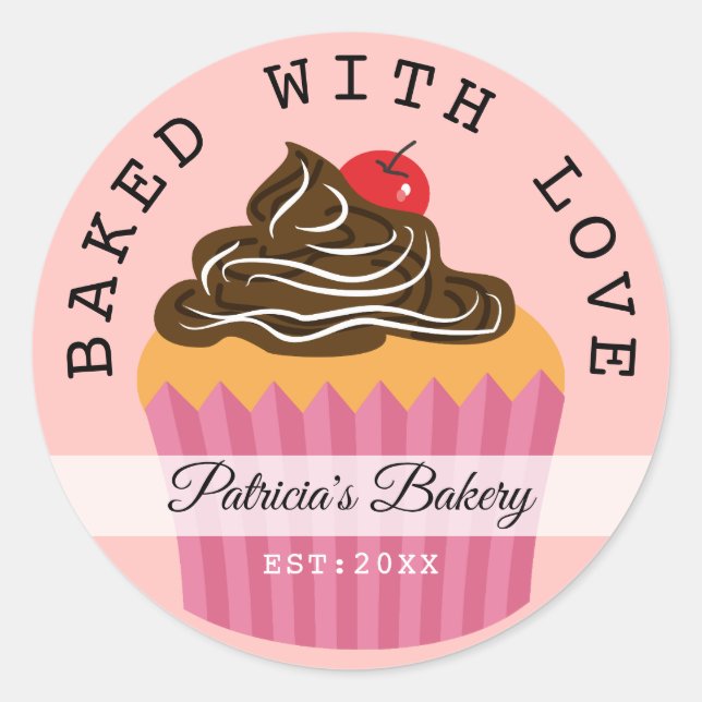 Pink Baked With Love Bakery Name Personalised Classic Round Sticker (Front)