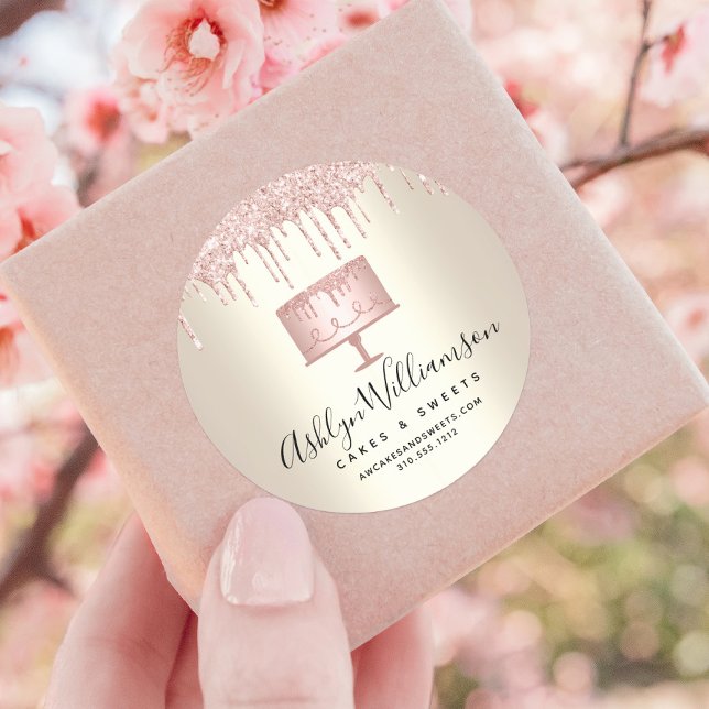 Pink Bakery Cake Glitter Drips Pastry Chef Gold Classic Round Sticker (Creator Uploaded)