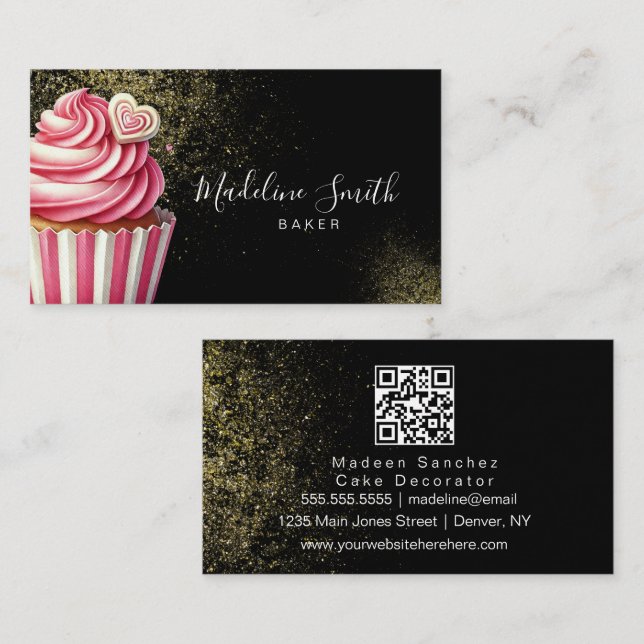 Pink Bakery Glitter Cupcakes QR Code Black Business Card (Front/Back)