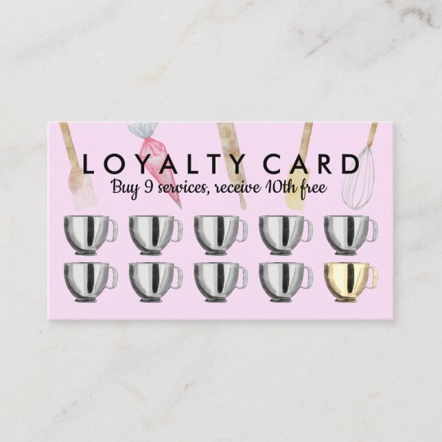 Pink Bakery pastry tools Loyalty Punch Business Card (Front)