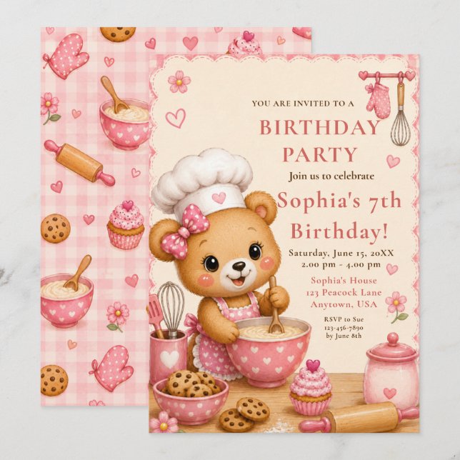 Pink Baking Bear 7th Birthday Party Invitation (Front/Back)