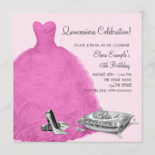 Pink Ball Gown High Heel Shoes Pink Quinceanera Invitation