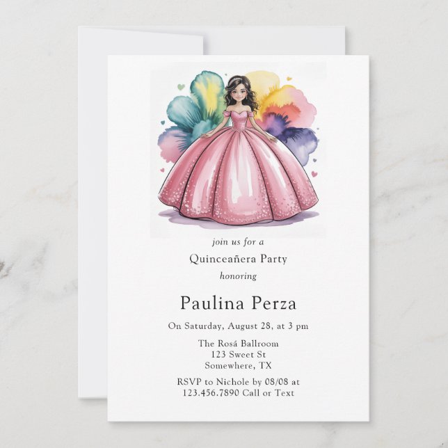 Pink Ball Gown Quinceañera Party Invitation (Front)