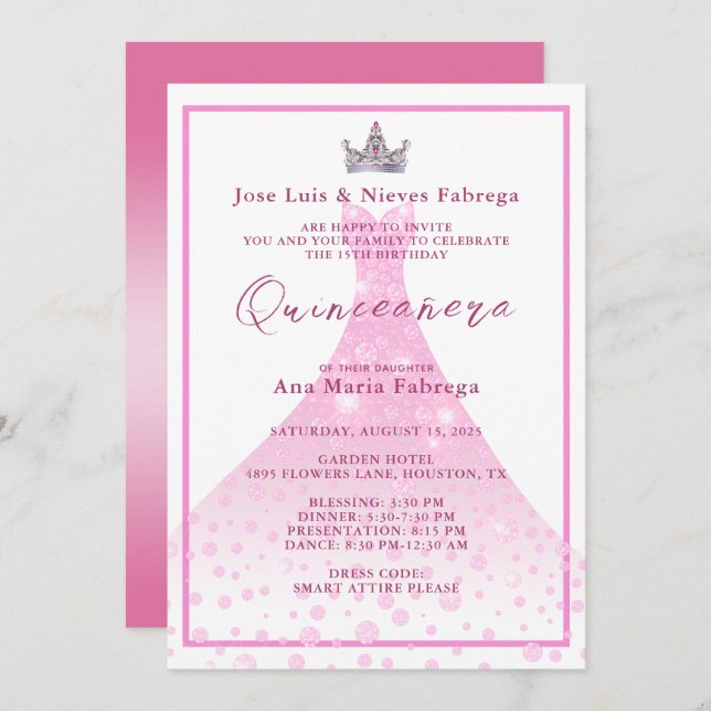 Pink Ball Gown & Tiara Quinceañera Birthday  Invitation (Front/Back)