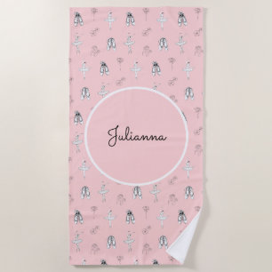 Pink Ballerina and Flowers Beach Towel
