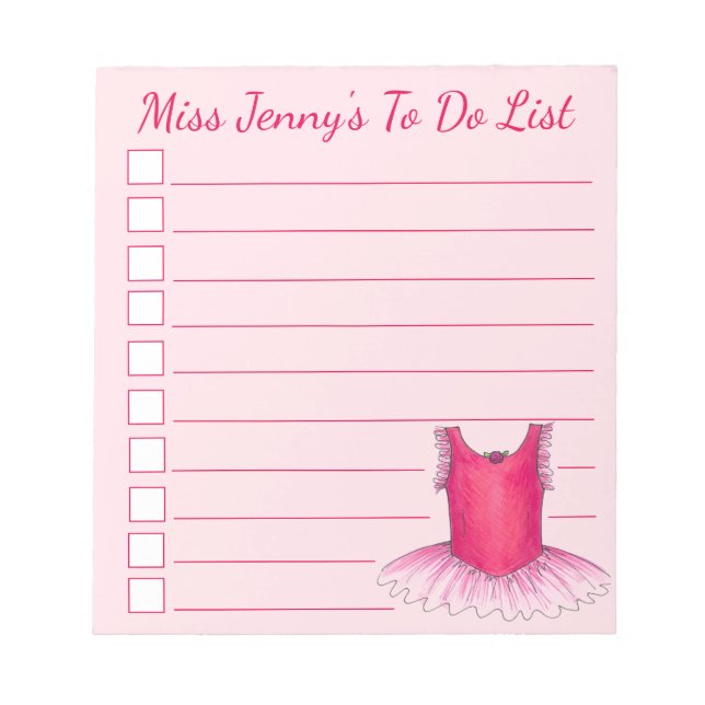 Pink Ballerina Ballet Dance Teacher To Do List Notepad (Front)