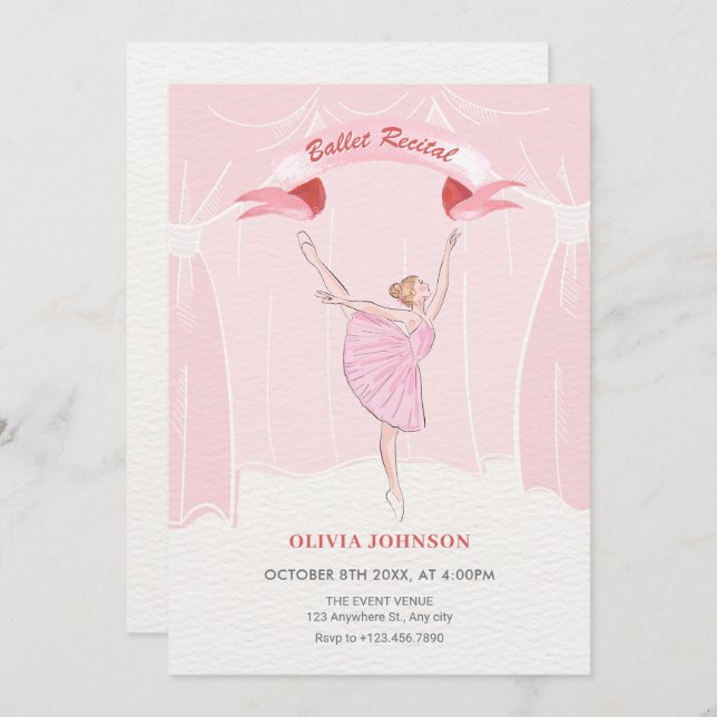Pink ballerina ballet recital invitation (Front/Back)
