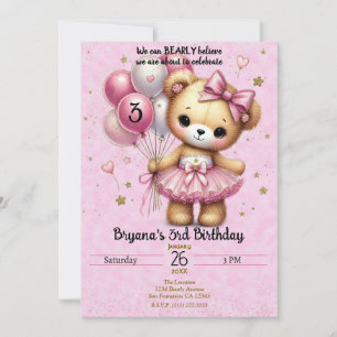 Pink Ballerina Bear Glitter Balloon Birthday Party Invitation