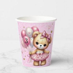 Pink Ballerina Bear Glitter Balloon Birthday Party Paper Cups