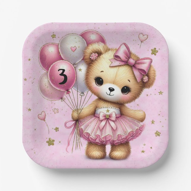Pink Ballerina Bear Glitter Balloon Birthday Party Paper Plate (Front)