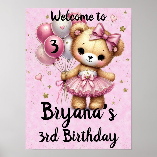 Pink Ballerina Bear Glitter Balloon Birthday Party Poster (Front)