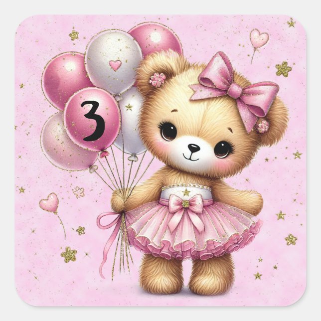 Pink Ballerina Bear Glitter Balloon Birthday Party Square Sticker (Front)