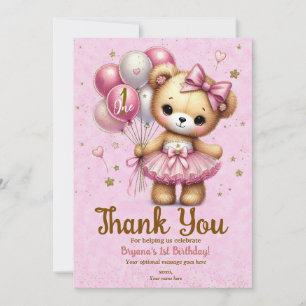 Pink Ballerina Bear Glitter Balloon Thank You Invitation