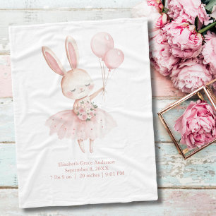 Pink Ballerina Bunny Birth Stats Personalised Baby Fleece Blanket