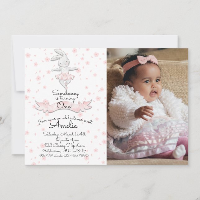 Pink Ballerina Bunny First Birthday Floral Photo Invitation (Front)