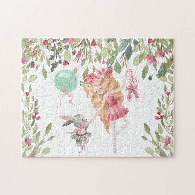 Pink Ballerina Bunny Flowers Ballet Shoes Jigsaw Puzzle (Horizontal)