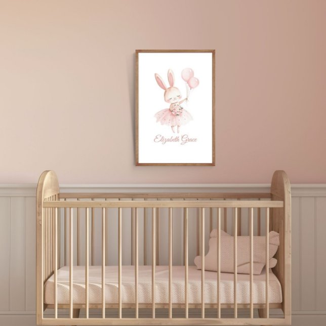 Pink Ballerina Bunny Personalised Nursery Wall Art (Pink Ballerina Bunny Personalized Girls Nursery Bedroom Wall Art poster print)