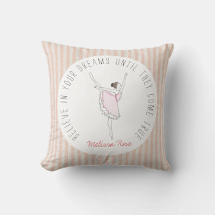 Pink Ballerina Custom Name Believe Dreams Striped Cushion