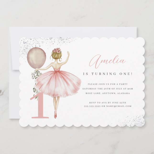 Pink Ballerina First Birthday Party Invitation (Front)