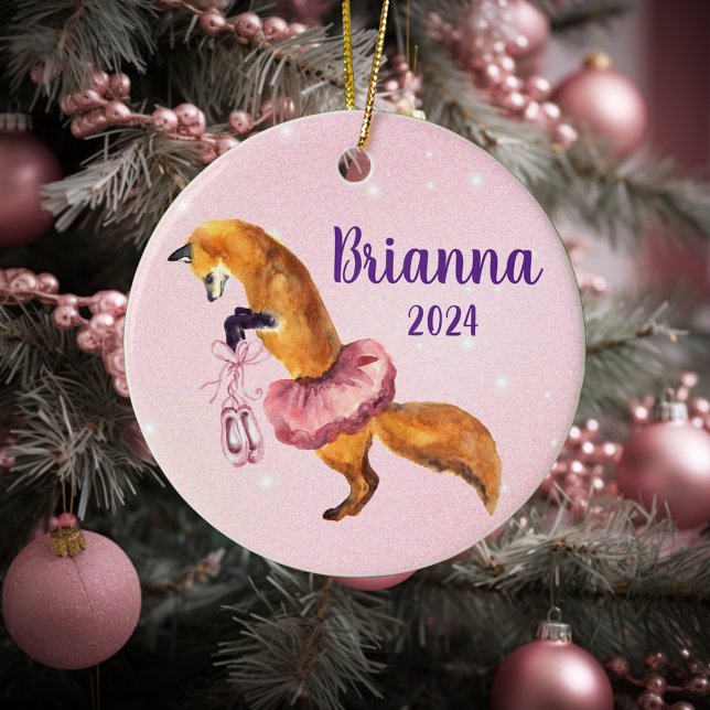 Pink Ballerina Fox Personalised name  Ceramic Ornament (Creator Uploaded)