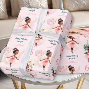 Pink Ballerina Girl Birthday Dark Skin Custom Name Wrapping Paper