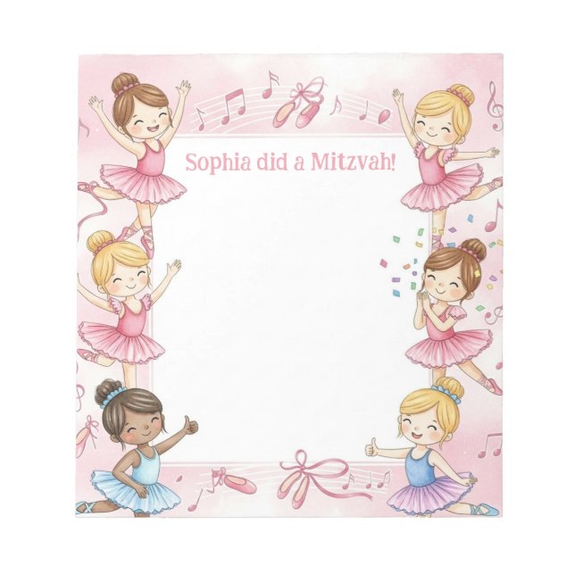 Pink Ballerina Personalised Mitzvah Note pad (Front)