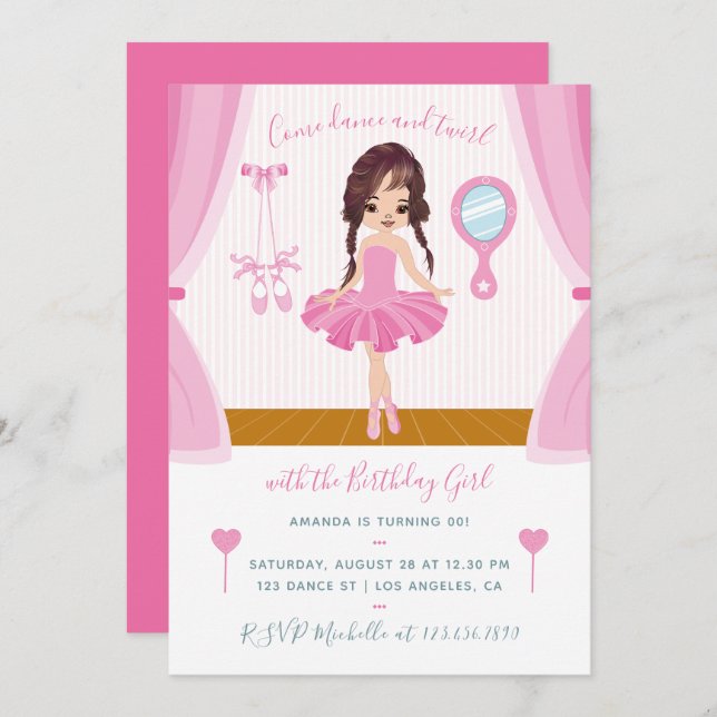 Pink Ballerina theme Birthday Invitation (Front/Back)