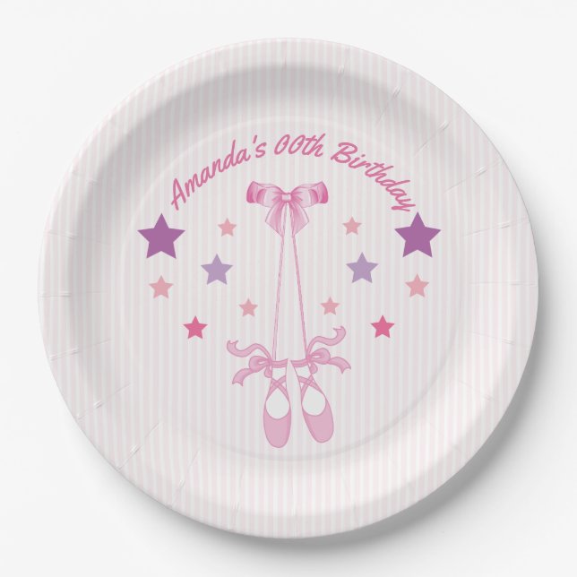 Pink Ballerina themed Birthday Party personalised Paper Plate (Front)