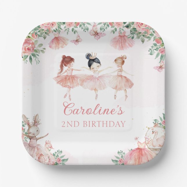  Pink Ballet Ballerina Birthday Paper Plates (Front)
