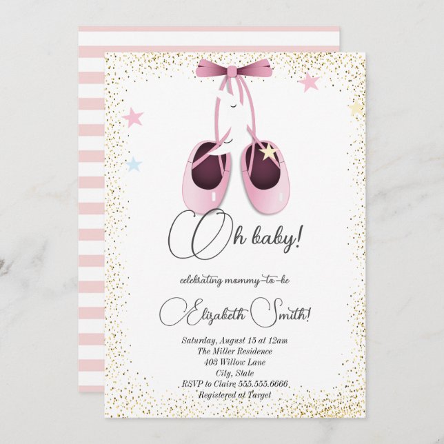 Pink ballet flats, cute stars baby shower  invitat invitation (Front/Back)