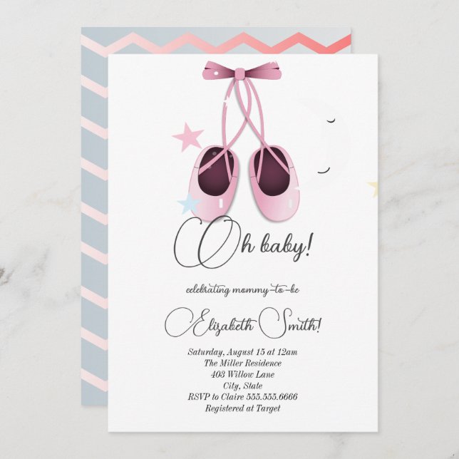 Pink ballet flats, cute stars baby shower  invitation (Front/Back)