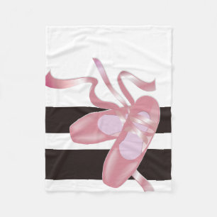 Pink Ballet Pointe Shoes, Black & White Stripes Fleece Blanket